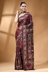 Wine tree motif multi-thread silk kantha stitch saree - handmade maroon silk saree adorned intricate 1