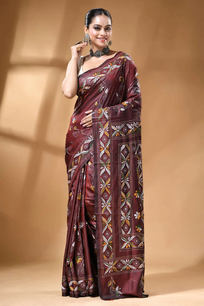 Wine tree motif multi-thread silk kantha stitch saree - handmade maroon silk saree adorned intricate 1