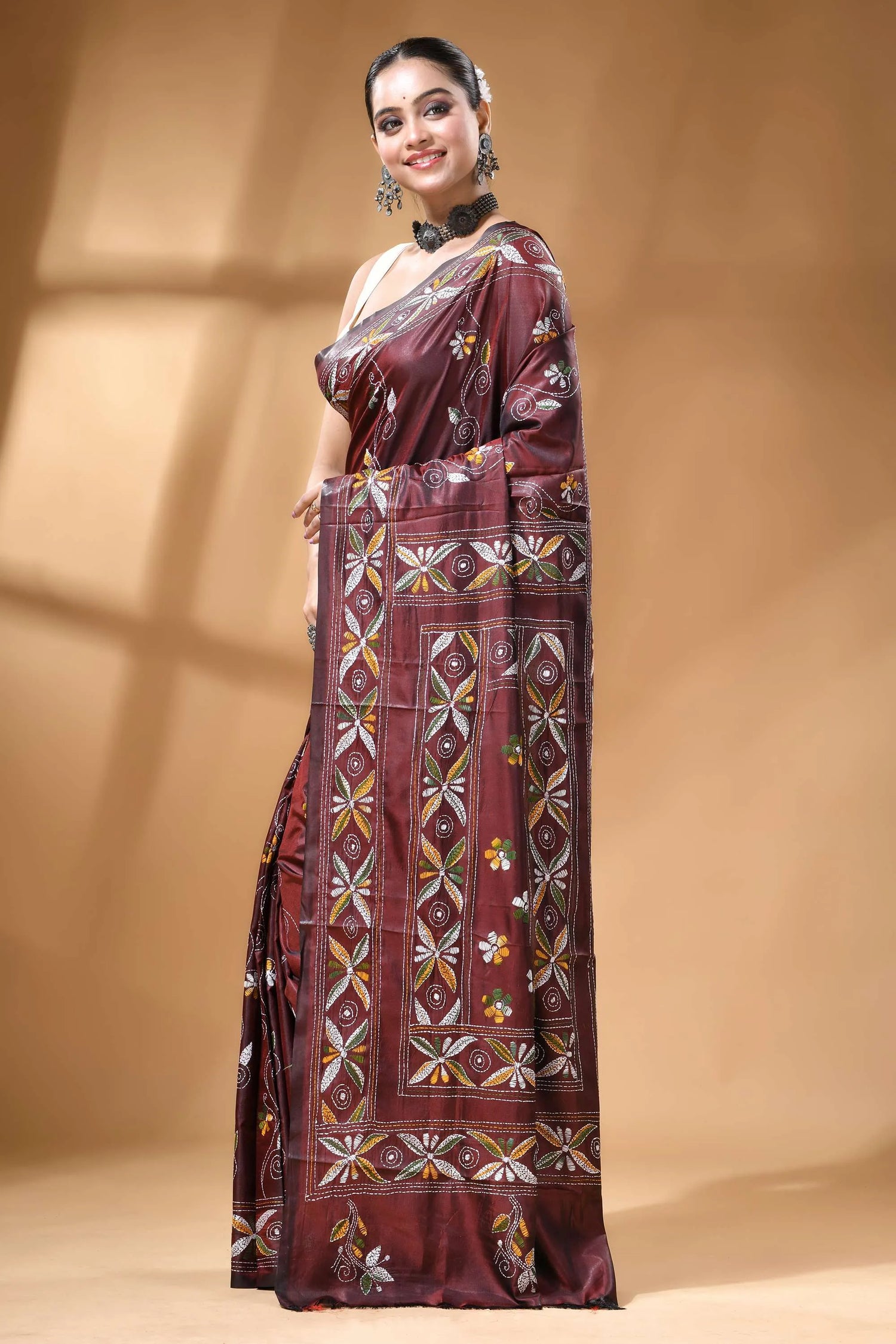 Wine tree motif multi-thread silk kantha stitch saree - handmade maroon silk saree adorned intricate 3