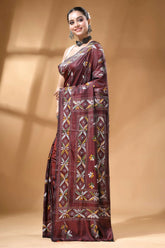 Wine tree motif multi-thread silk kantha stitch saree - handmade maroon silk saree adorned intricate 3