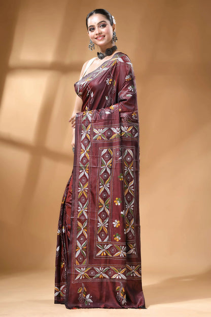 Wine tree motif multi-thread silk kantha stitch saree - handmade maroon silk saree adorned intricate 3