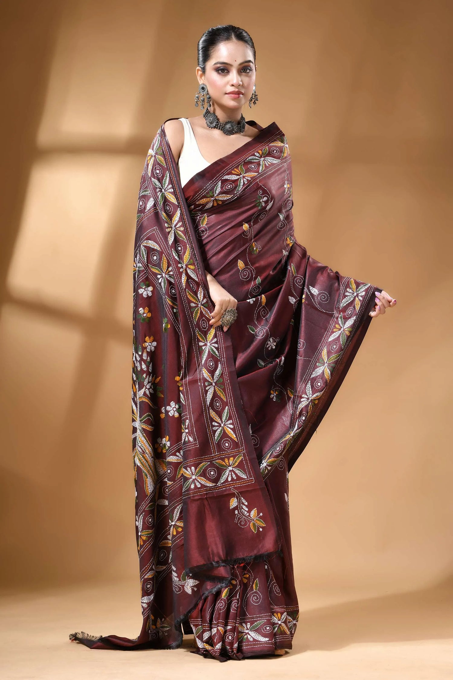 Wine tree motif multi-thread silk kantha stitch saree - handmade maroon silk saree adorned intricate 4