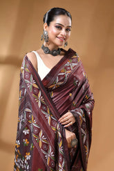 Wine tree motif multi-thread silk kantha stitch saree - handmade maroon silk saree adorned intricate 2