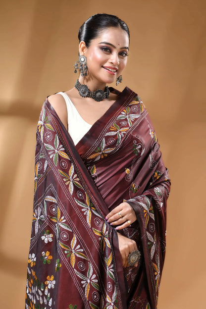 Wine tree motif multi-thread silk kantha stitch saree - handmade maroon silk saree adorned intricate 2