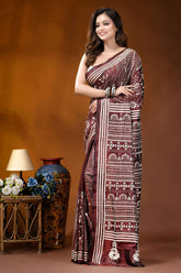Woody brown geometric design handcrafted silk kantha stitch saree maroon white patterned saree intricate 3