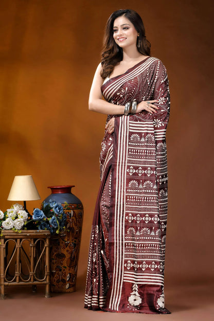Woody brown geometric design handcrafted silk kantha stitch saree maroon white patterned saree intricate 3