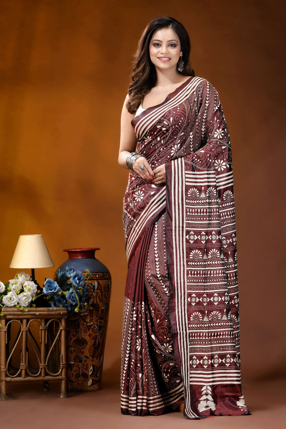 Woody brown geometric design handcrafted silk kantha stitch saree maroon white patterned saree intricate 1