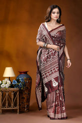 Woody brown geometric design handcrafted silk kantha stitch saree maroon white patterned silk saree 5