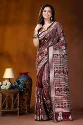 Woody brown geometric design handcrafted silk kantha stitch saree maroon white patterned saree intricate 6