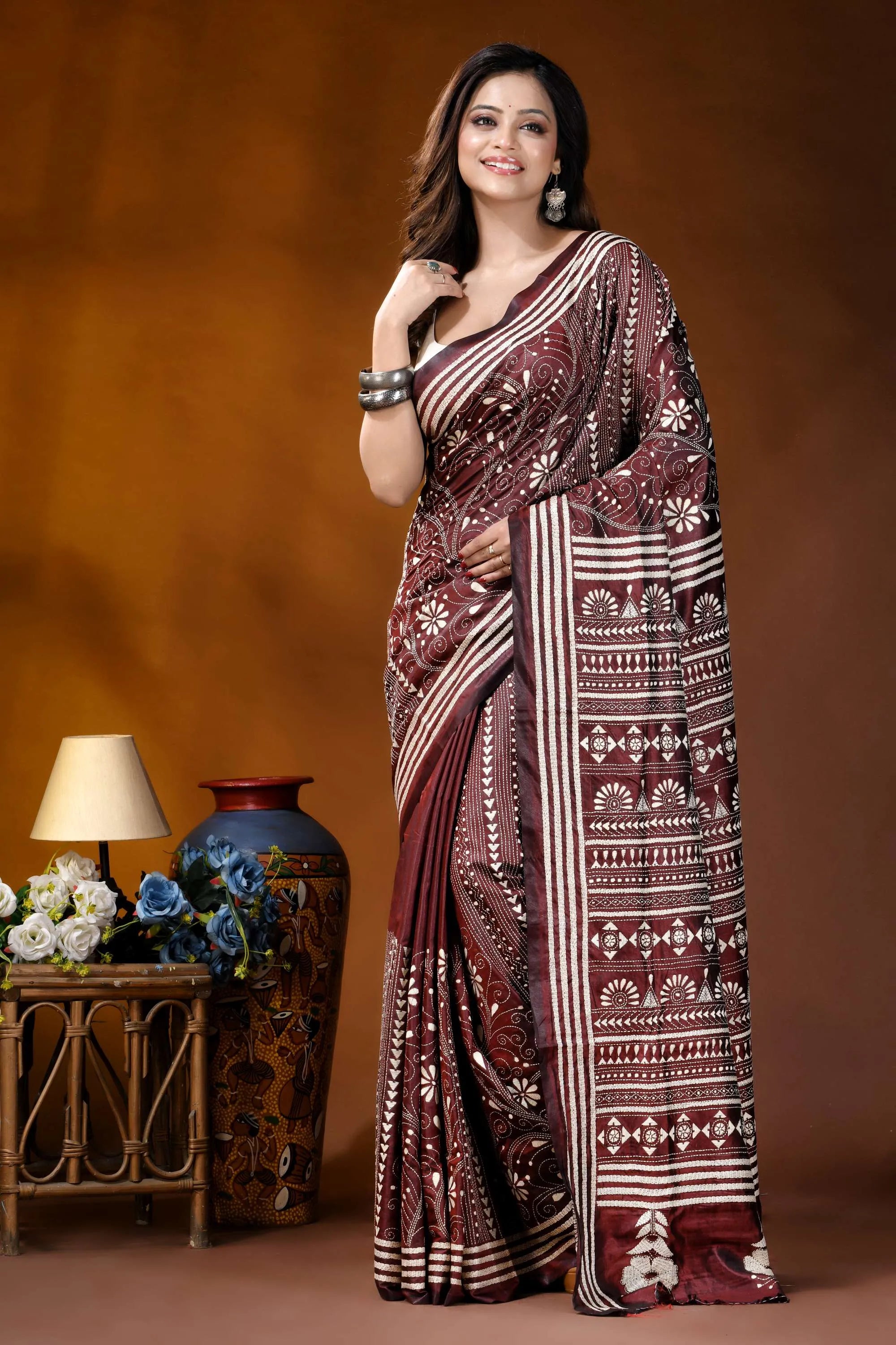Woody brown geometric design handcrafted silk kantha stitch saree maroon white patterned saree intricate 6
