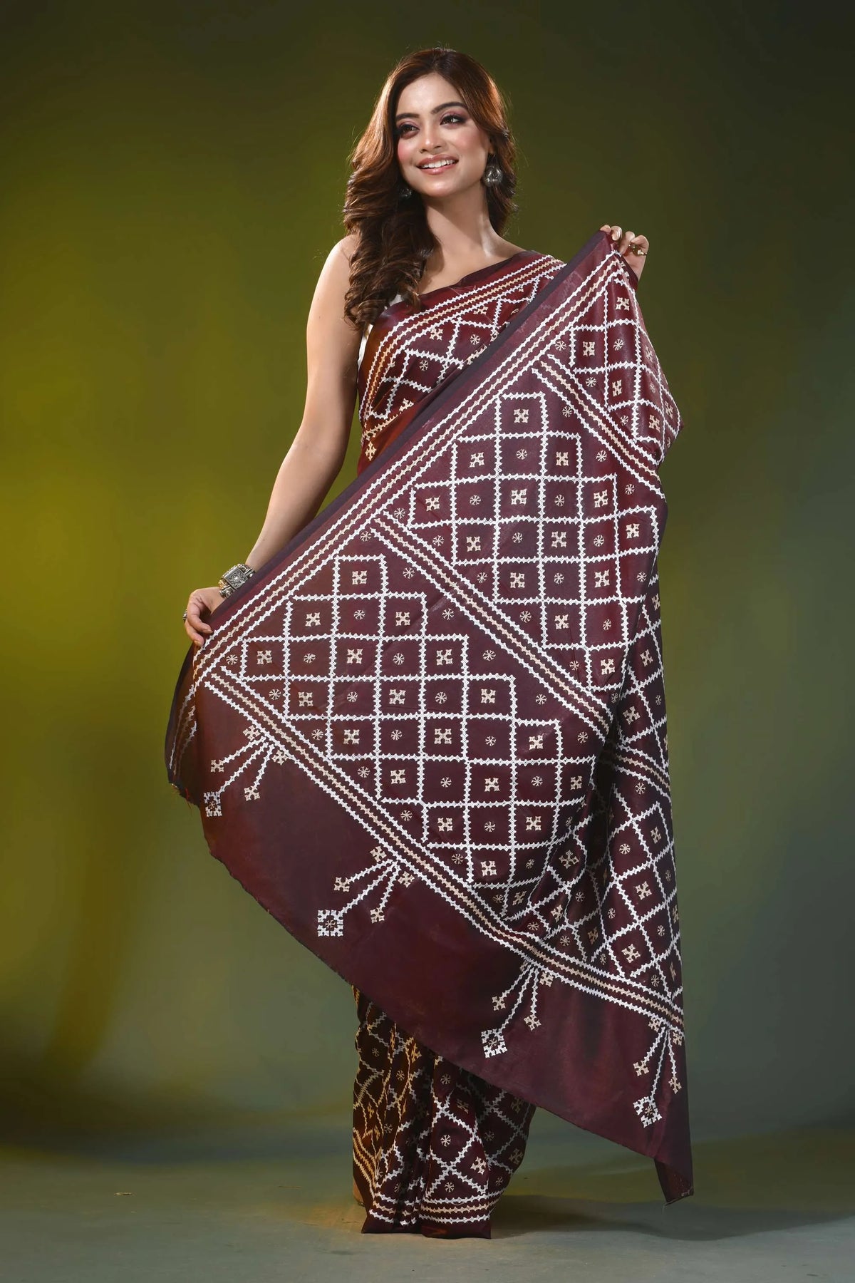 Woody brown geometric motif handcrafted silk kutch embroidered saree 4