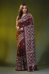 Woody brown geometric motif handcrafted silk kutch embroidered saree 6