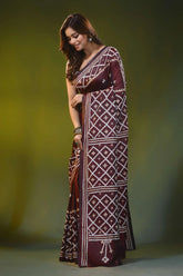 Woody brown geometric motif handcrafted silk kutch embroidered saree 3