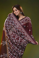 Woody brown geometric motif handcrafted silk kutch embroidered saree 2