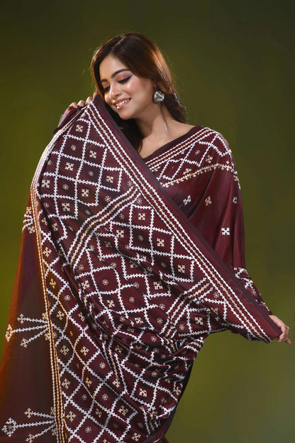 Woody brown geometric motif handcrafted silk kutch embroidered saree 2