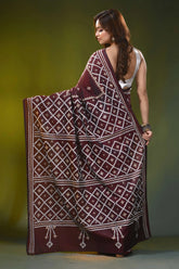 Woody brown geometric motif handcrafted silk kutch embroidered saree 5