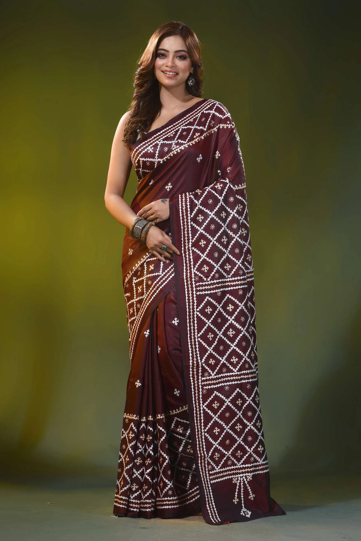 Woody brown geometric motif handcrafted silk kutch embroidered saree 1