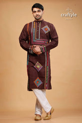 Woody brown multithread kantha embroidered mens cotton kurta embroidered brown kurta white pants 1