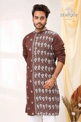 Woody brown white thread work kantha cotton panjabi for men embroidered kurta 2