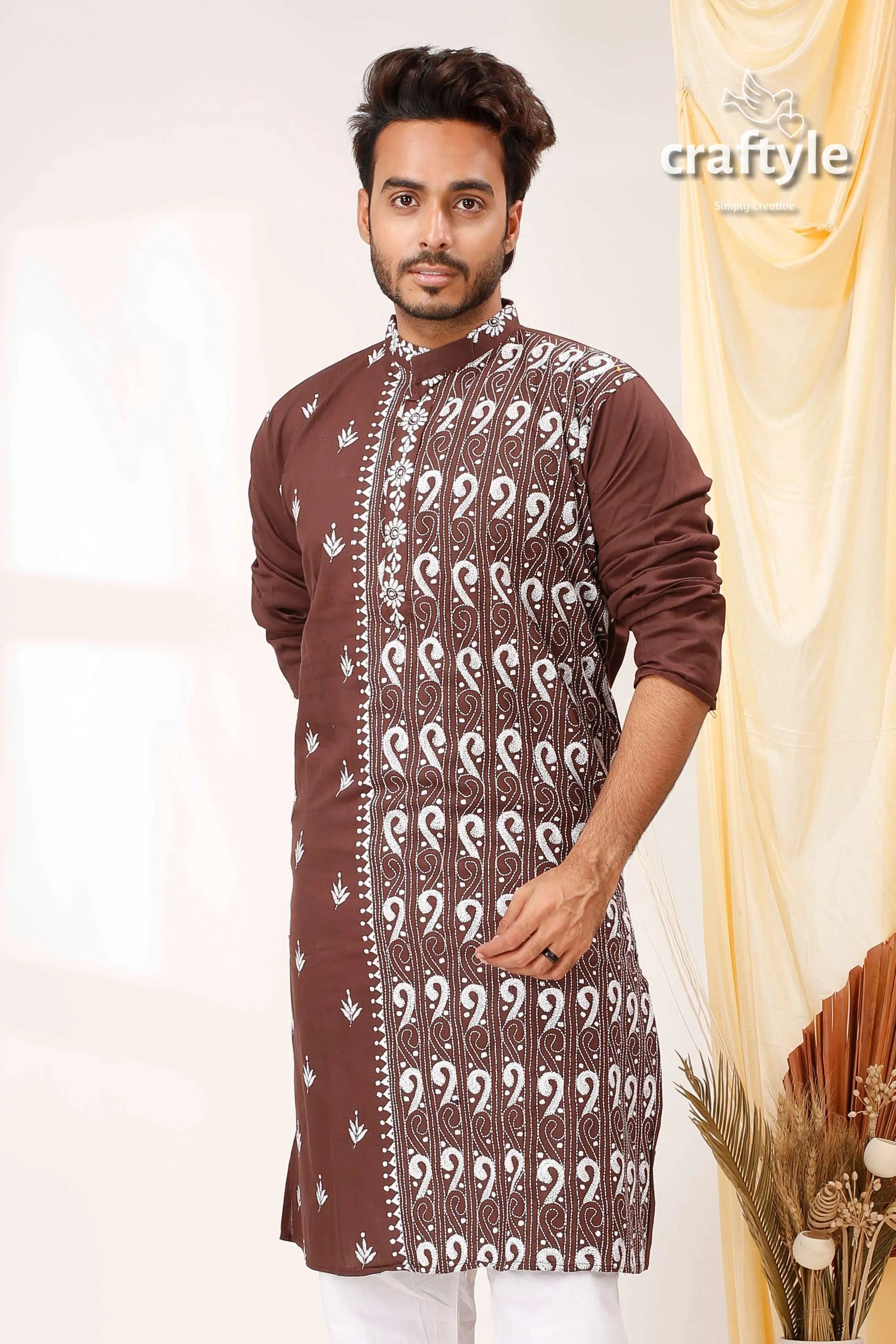 Woody brown white thread work kantha cotton panjabi for men embroidered kurta 2
