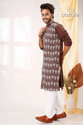 Woody brown white thread work kantha cotton panjabi for men man patterned kurta 3
