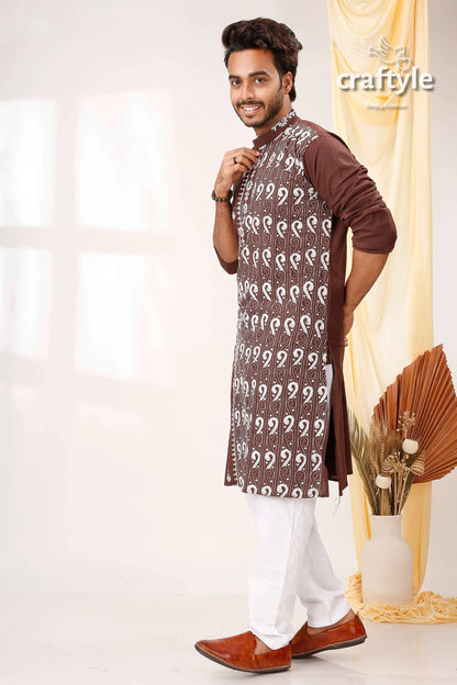 Woody brown white thread work kantha cotton panjabi for men man patterned kurta 3