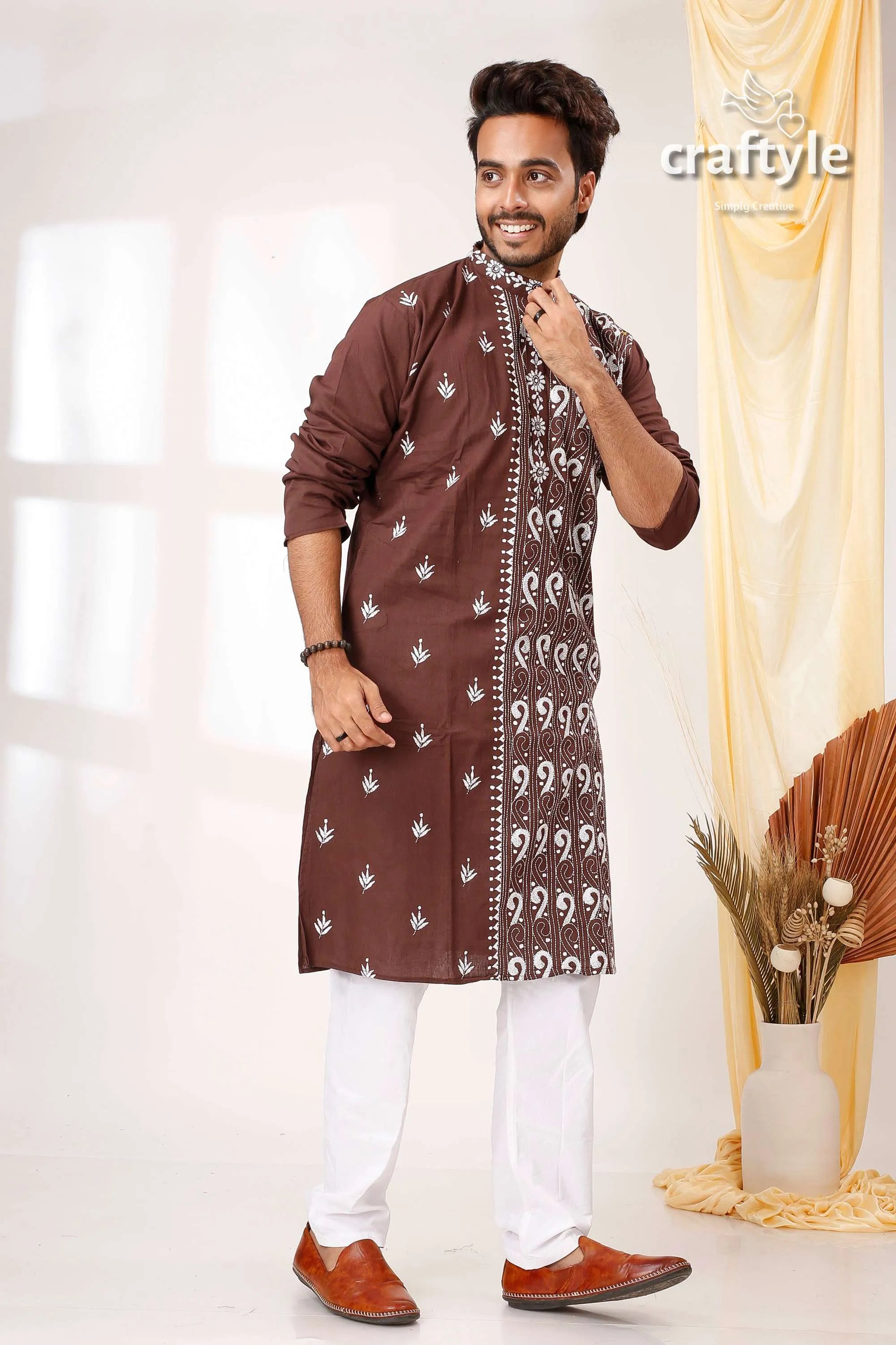 Woody brown white thread work kantha cotton panjabi for men embroidered kurta pants 4