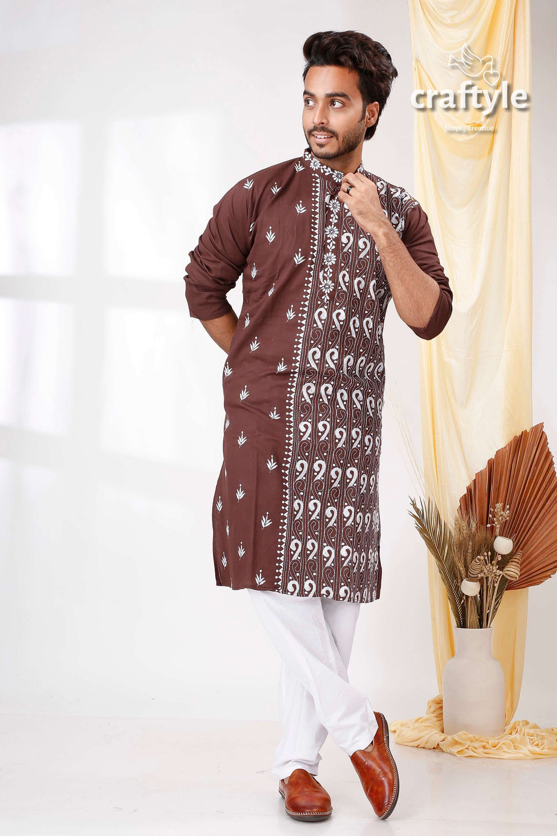 Woody Brown White Thread Work Kantha Cotton Panjabi for Men - Craftyle