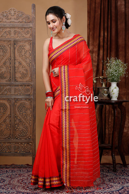Woven Border Handloom Cotton Saree in Tractor Red-Craftyle