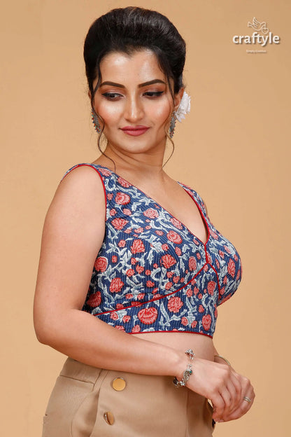 Yale blue designer pure cotton ajrakh blouse woman blue red floral print 4