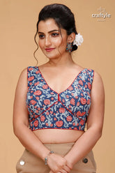 Yale blue designer pure cotton ajrakh blouse woman models blue floral print 1