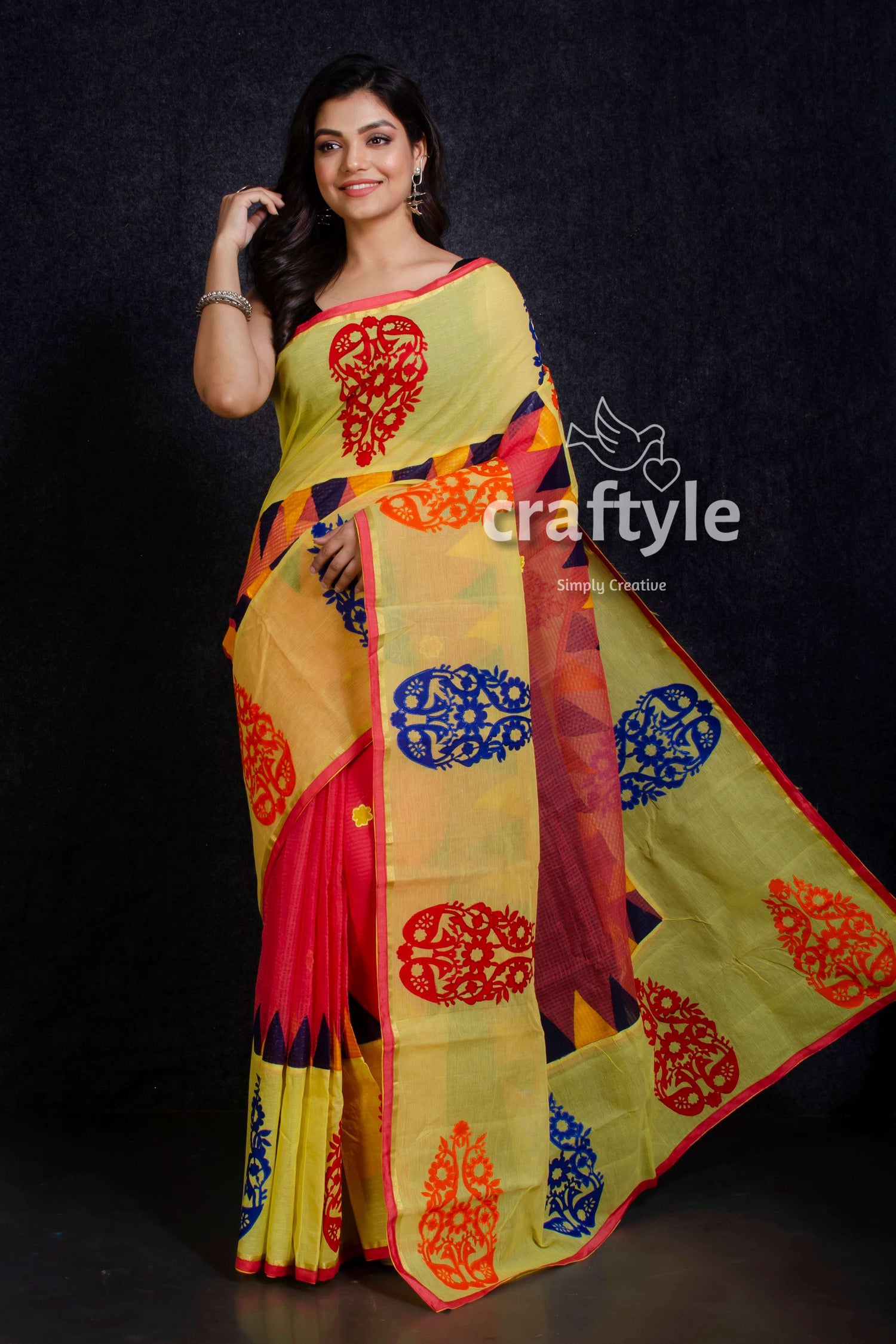 Yellow and Red Patch Work Resham Check Saree-Craftyle