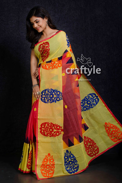 Yellow and Red Patch Work Resham Check Saree-Craftyle