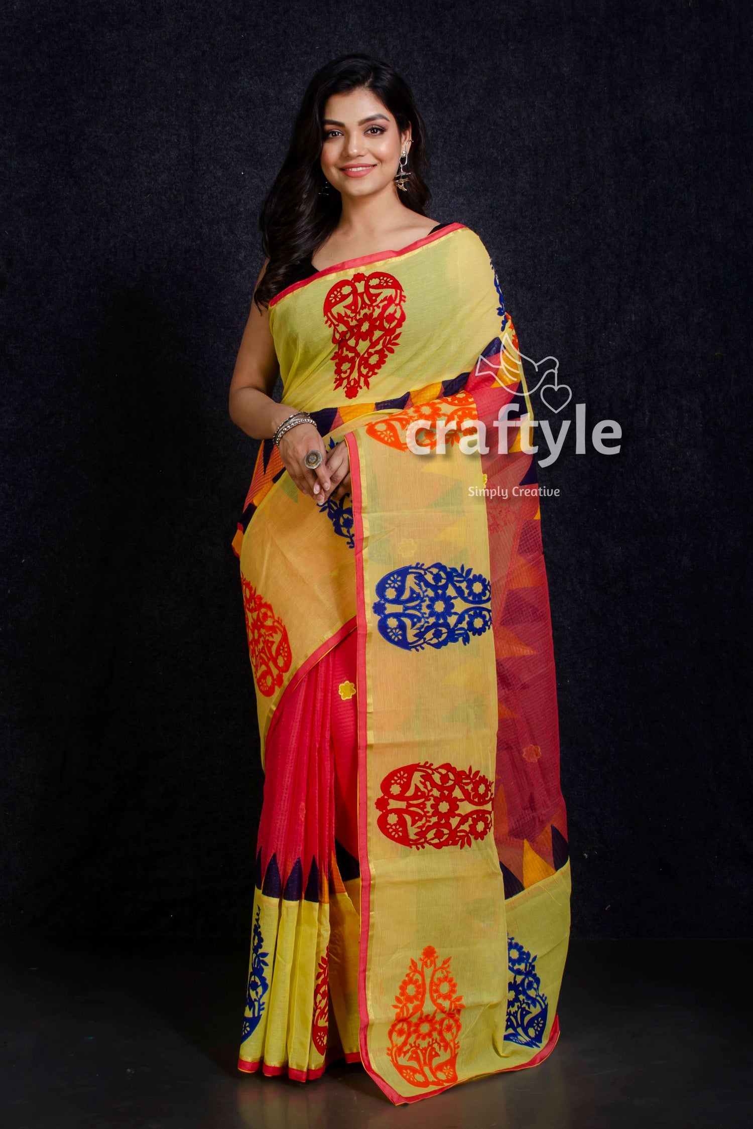 Yellow and Red Patch Work Resham Check Saree-Craftyle