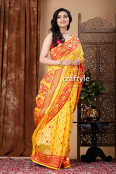 Yellow and rose red traditional dhakai jamdani saree yellow red patterned saree 4