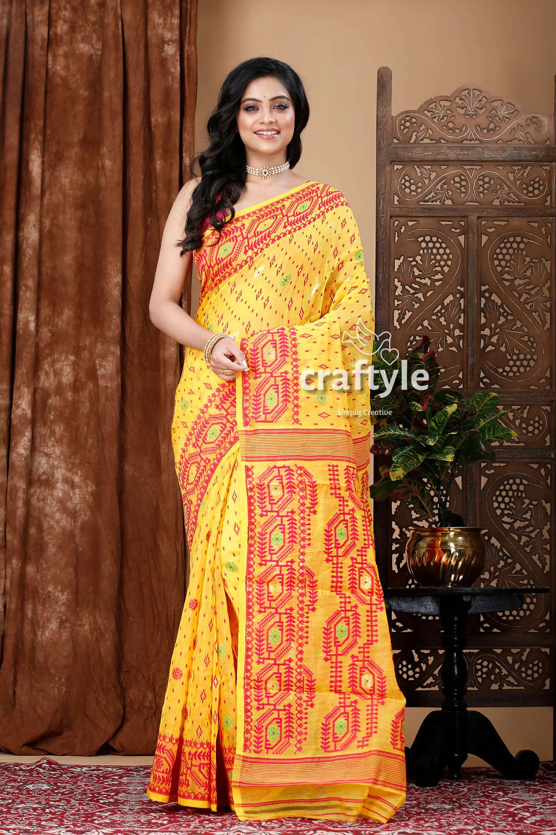 Yellow and rose red traditional dhakai jamdani saree yellow red patterned saree 1
