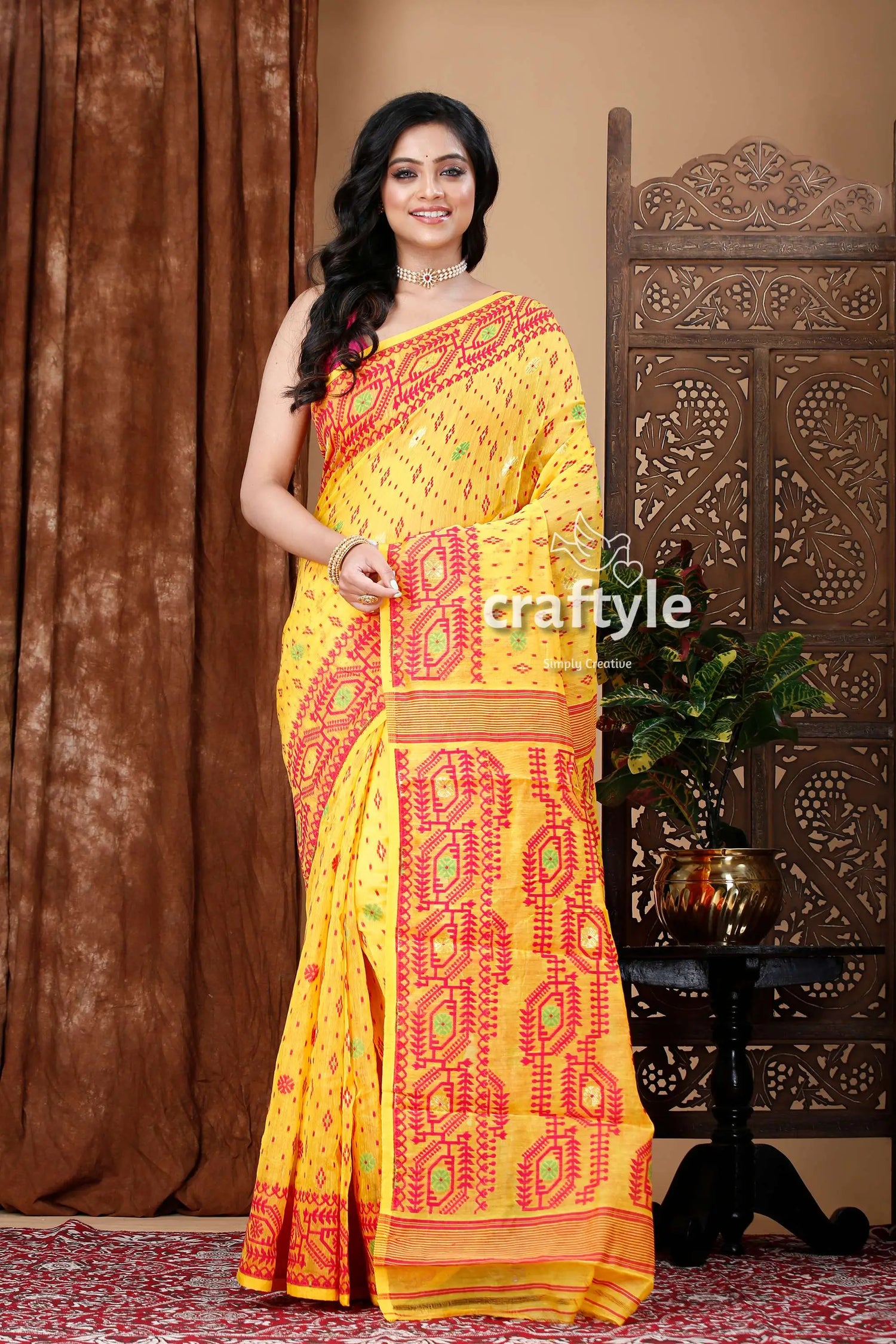 Yellow and rose red traditional dhakai jamdani saree yellow red patterned saree 1