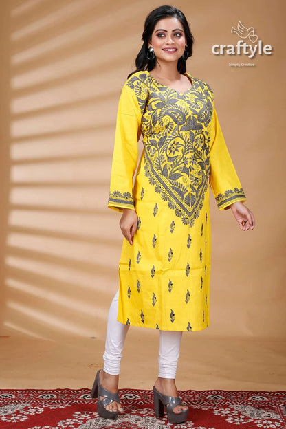 Yellow and slate grey all over work kantha cotton kurti yellow embroidered kurta 4