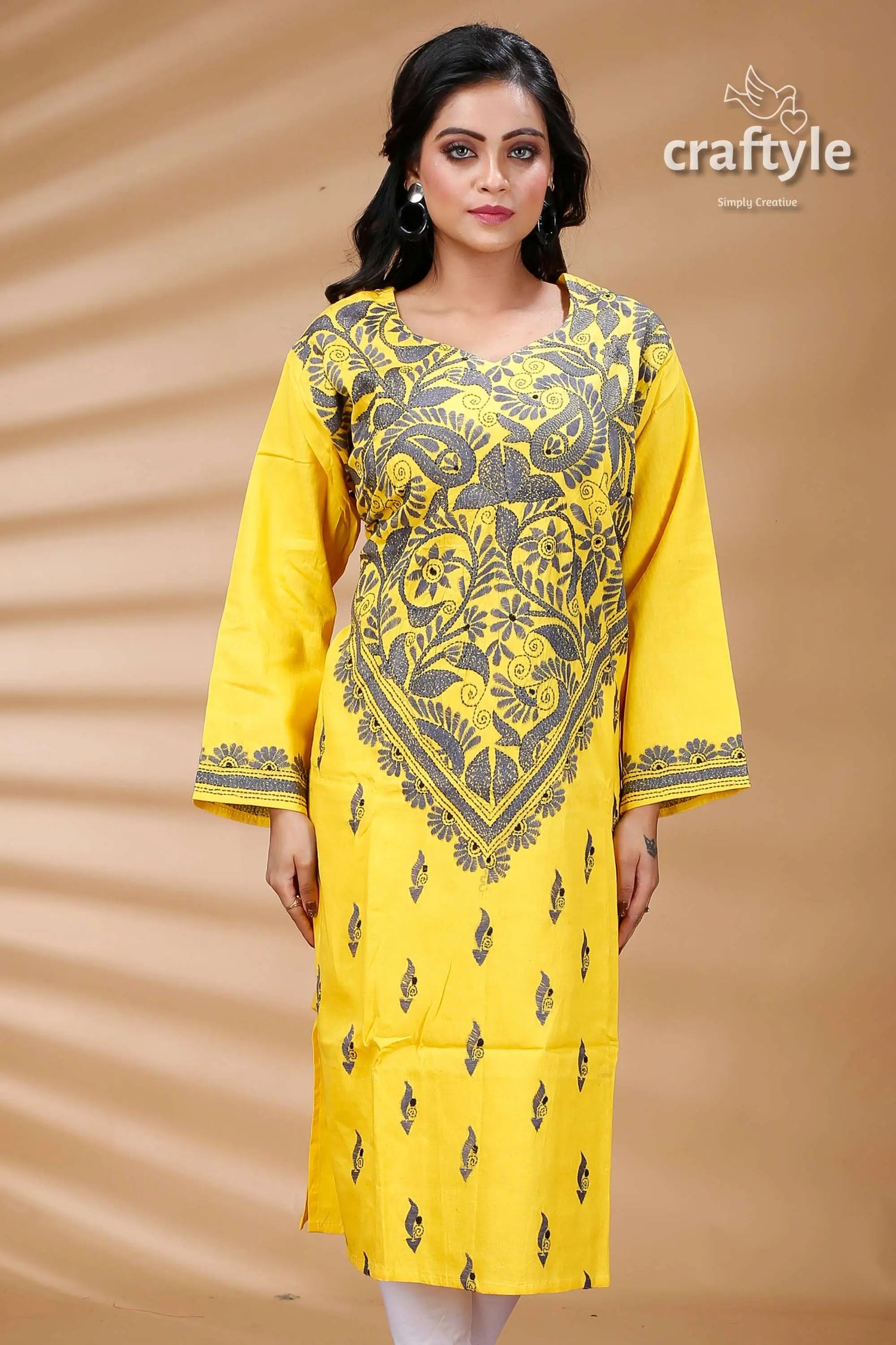 Yellow and slate grey all over work kantha cotton kurti yellow embroidered tunic 2