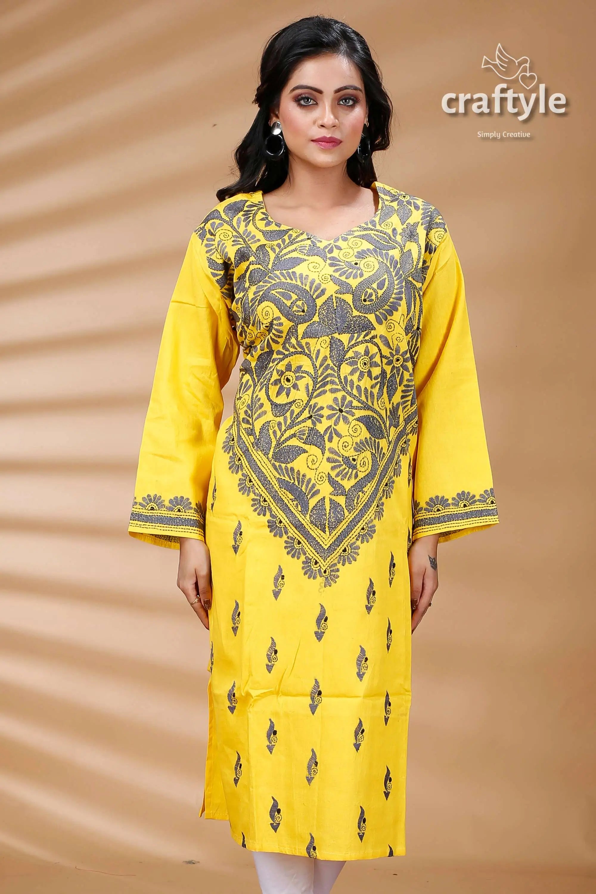 Yellow and slate grey all over work kantha cotton kurti yellow embroidered tunic 2