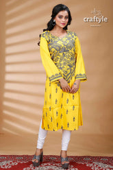 Yellow and slate grey all over work kantha cotton kurti yellow printed tunic 1