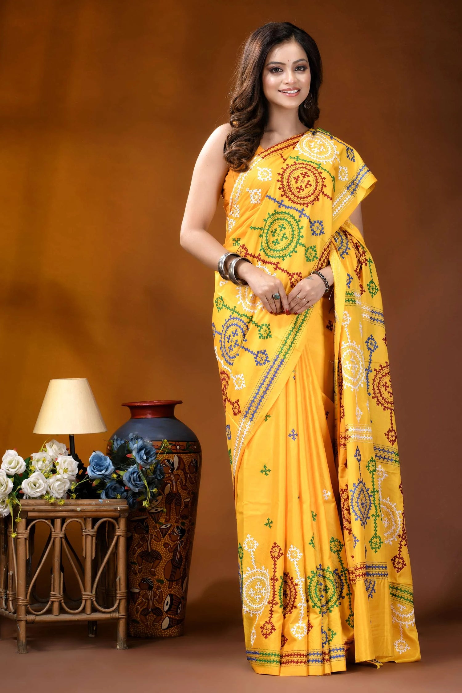 Yellow circular motif handmade gujrati stitch silk saree vibrant yellow saree adorned intricate 4