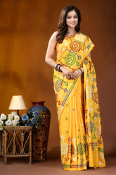 Yellow circular motif handmade gujrati stitch silk saree vibrant yellow saree adorned intricate 4