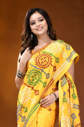Yellow circular motif handmade gujrati stitch silk saree vibrant yellow saree adorned intricate 2