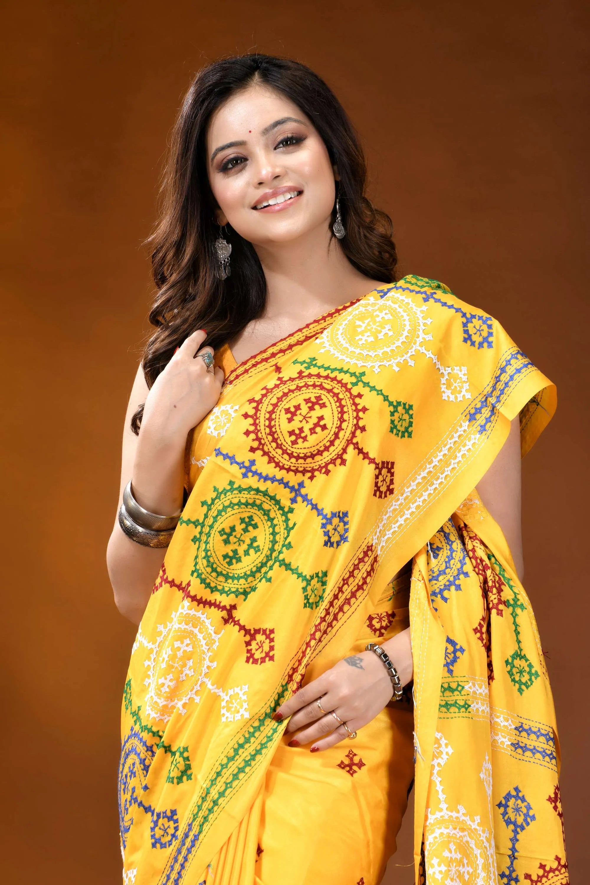 Yellow circular motif handmade gujrati stitch silk saree vibrant yellow saree adorned intricate 2