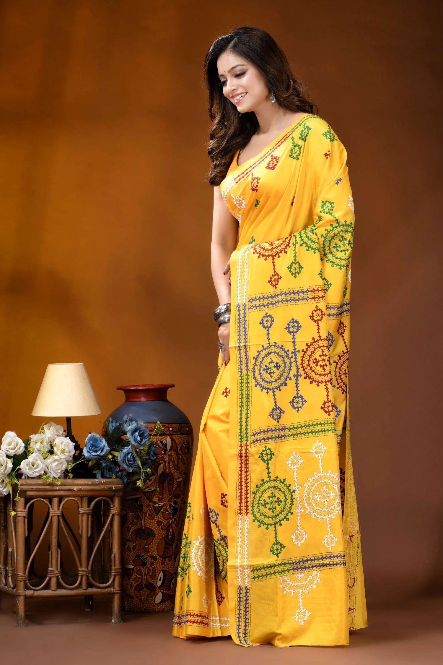 Yellow circular motif handmade gujrati stitch silk saree vibrant yellow saree adorned intricate 3