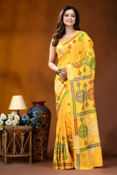 Yellow circular motif handmade gujrati stitch silk saree vibrant yellow saree intricate green 6