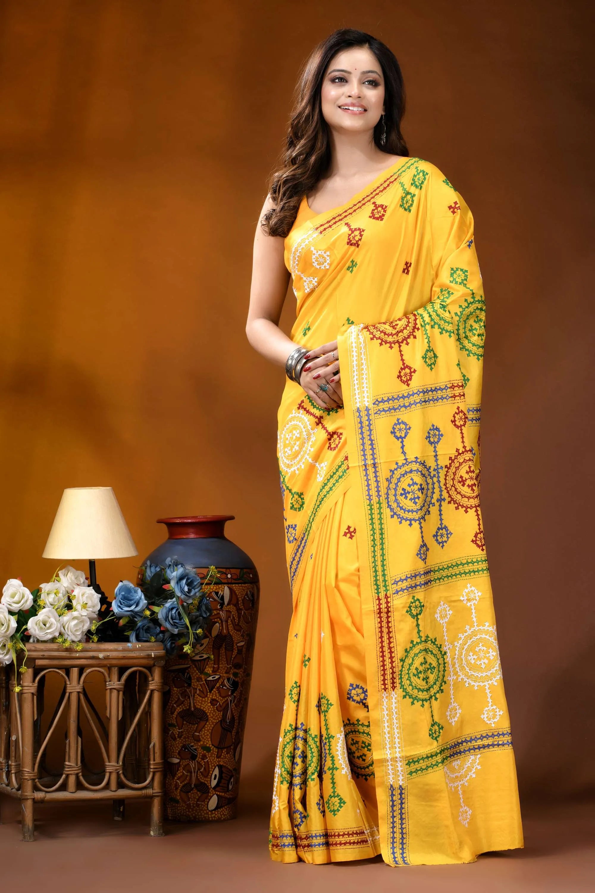 Yellow circular motif handmade gujrati stitch silk saree vibrant yellow saree intricate green 6