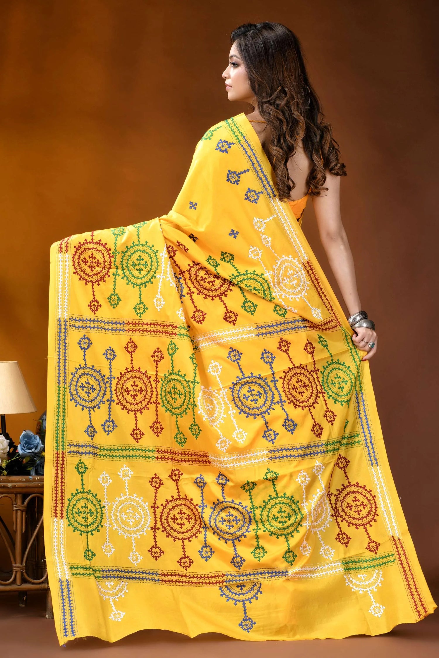 Yellow circular motif handmade gujrati stitch silk saree vibrant yellow saree intricate geometric 5