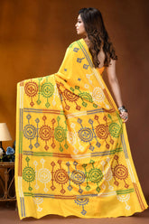 Yellow circular motif handmade gujrati stitch silk saree vibrant yellow saree intricate geometric 5